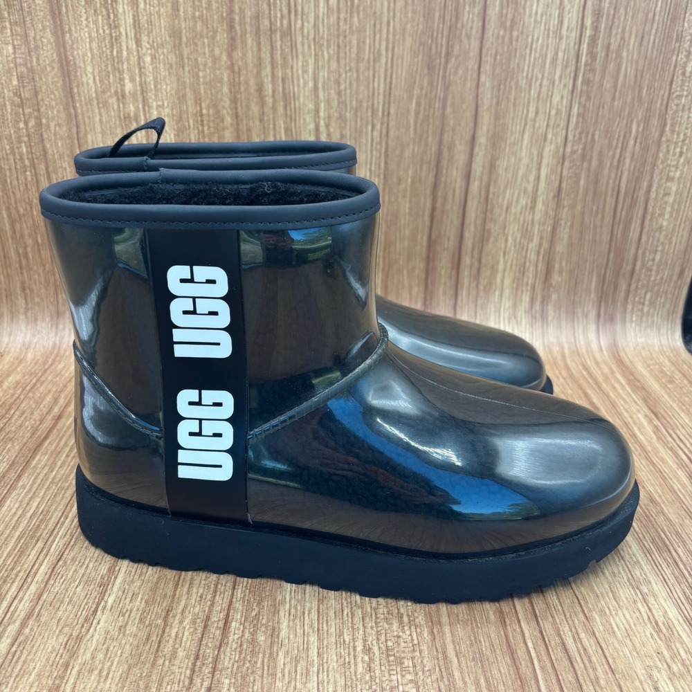 UGG Classic Clear Mini Boots Womens 7 Black Waterproof 1113190 Shearling Rain